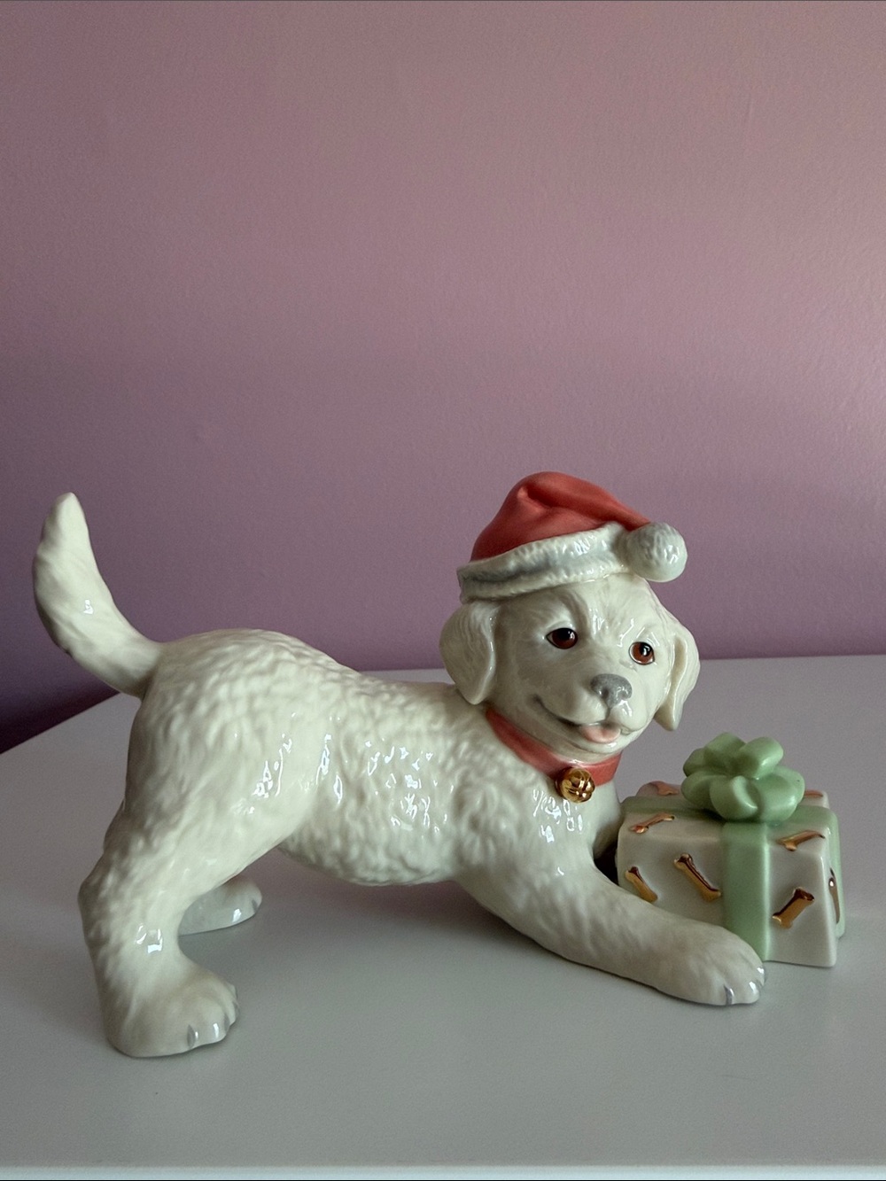 Rare Lenox Festive White Dog Figurine with Red Hat and Green Gift